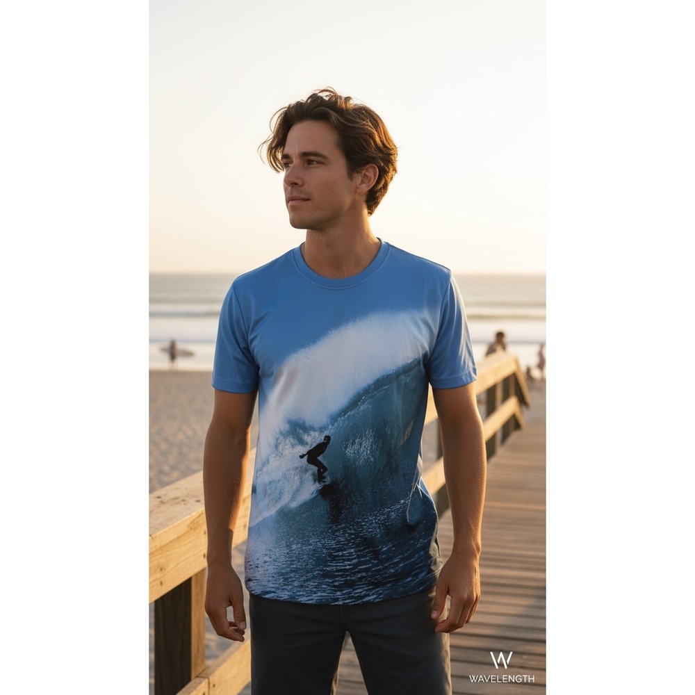 Get A Life Men Large Blue Surfer Wave Graphic Tee All Over Print Polyester Shirt